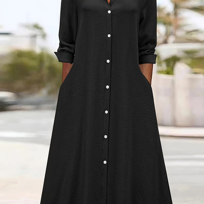 Elegant Button Front Shirt Dress for Women with Collar Long Sleeve A Line Flowing Style