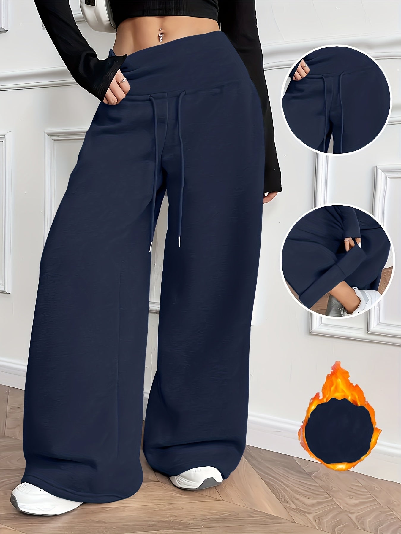 Women'S Fall Winter Solid Color Fleece Wide Leg Pants Elastic Drawstring Loose Trousers