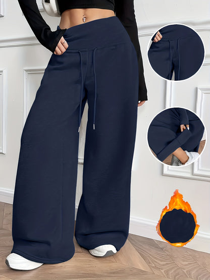 Women'S Fall Winter Solid Color Fleece Wide Leg Pants Elastic Drawstring Loose Trousers
