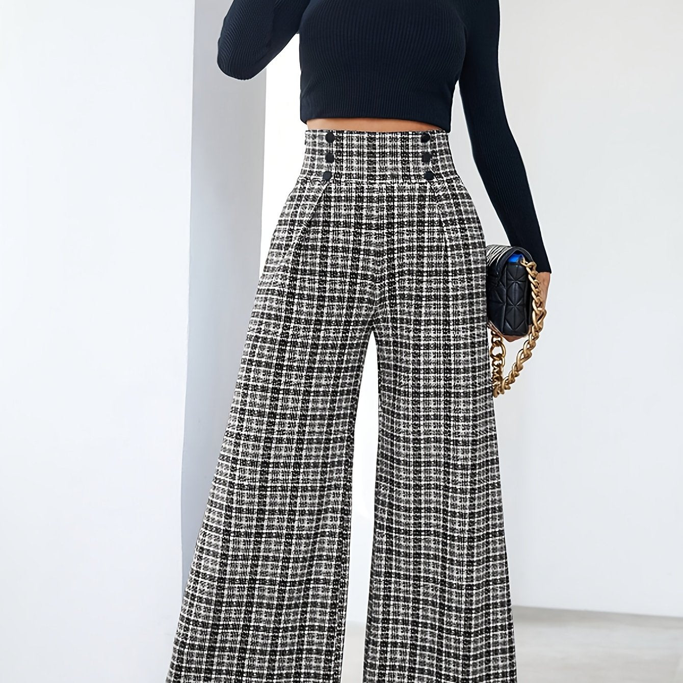 Elegant Plaid Tweed Wide Leg Pants for Women with High Waist Button Front Pleated Relaxed Style