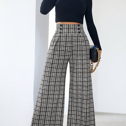 Elegant Plaid Tweed Wide Leg Pants for Women with High Waist Button Front Pleated Relaxed Style