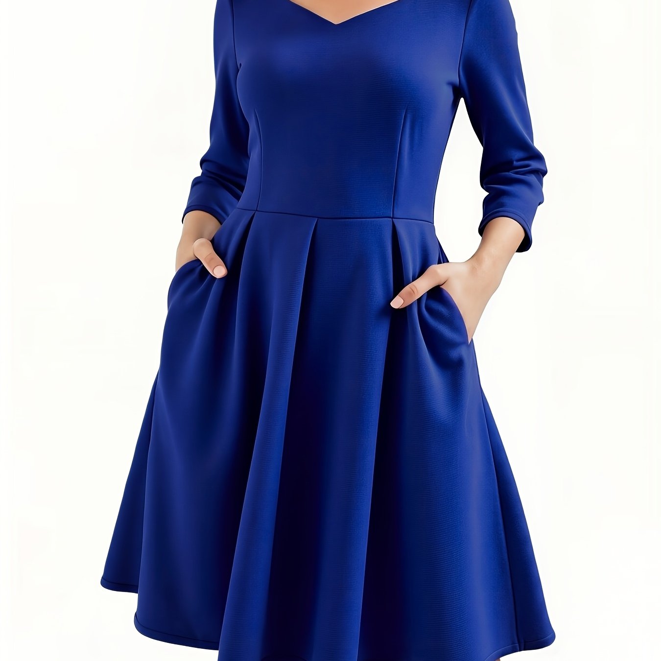 Elegant Royal Blue Midi Dress for Women with Sweetheart Neckline Elbow Sleeve Pleated Fit and Flare Style