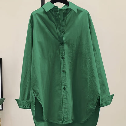 Effortless Cotton Blouse for Women with Point Collar Long Sleeve High Low Oversized Style