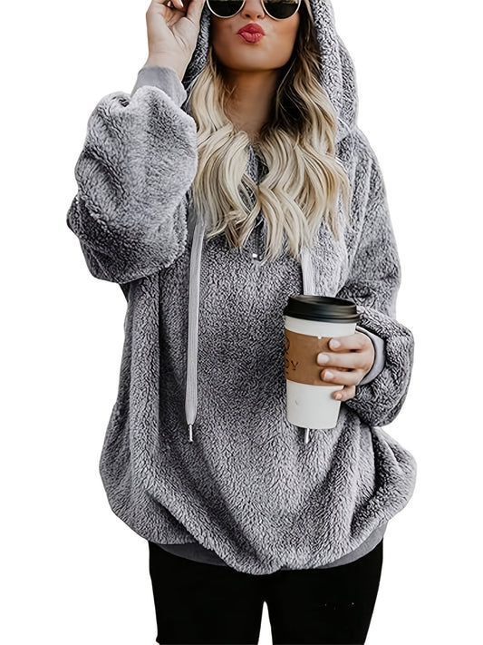 Comfortable Grey Sherpa Hoodie for Women with Hood Long Sleeve Quarter Zip Oversized Relaxed Style