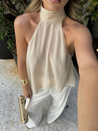 Effortless Chiffon Halter Blouse for Women with High Neck Sleeveless Asymmetric Hem Flowing Style