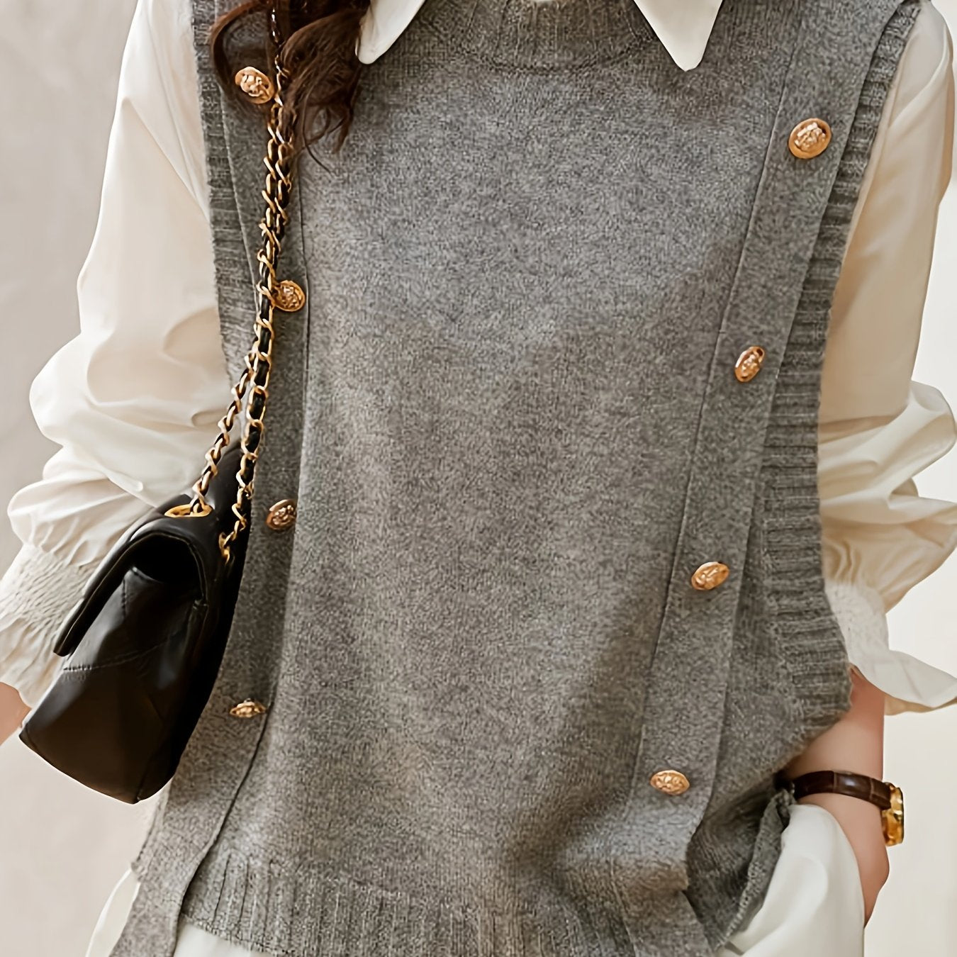 Comfortable Sweater Vest for Women with Round Neck Sleeveless Button Trim Relaxed Oversized Style