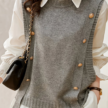 Comfortable Sweater Vest for Women with Round Neck Sleeveless Button Trim Relaxed Oversized Style