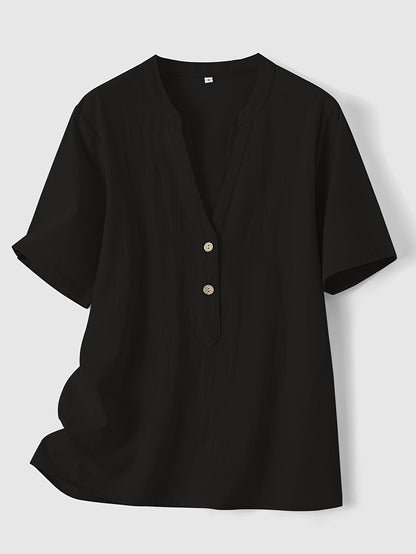 Effortless Textured Blouse for Women with Notch V Neck Short Sleeve Button Front Relaxed Style