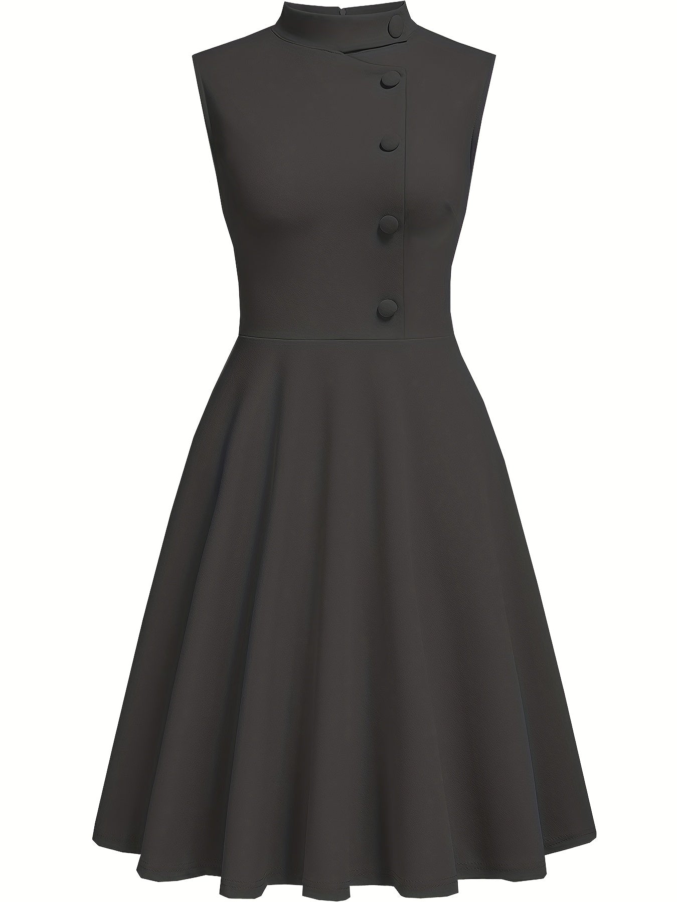 Elegant Navy Midi Dress for Women with High Neck Sleeveless Button Front Fit and Flare Cocktail Style