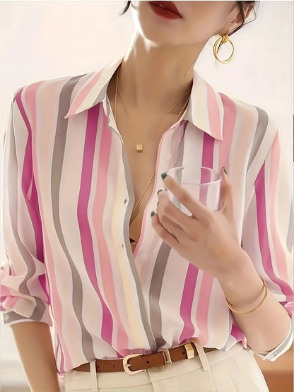 Effortless Striped Chiffon Blouse for Women with Collar Long Sleeve Button Front Relaxed Silky Style