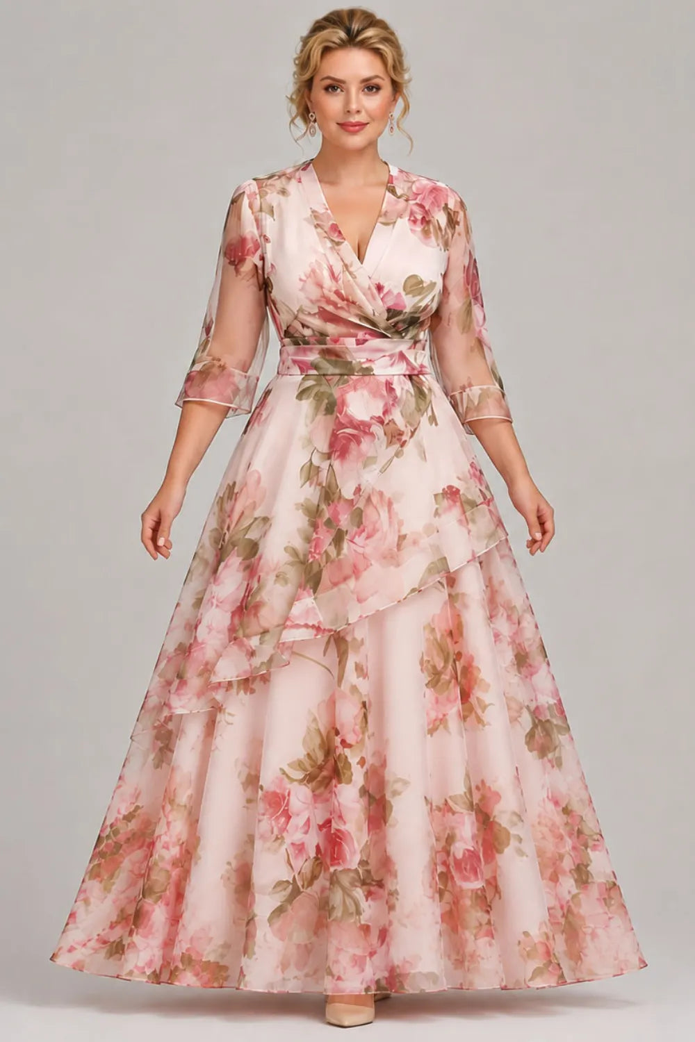 Elegant Pink Floral Maxi Dress for Women with V Neck Bell Sleeve Wrap Tiered Ruffle Wedding Guest Style