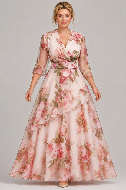 Elegant Pink Floral Maxi Dress for Women with V Neck Bell Sleeve Wrap Tiered Ruffle Wedding Guest Style