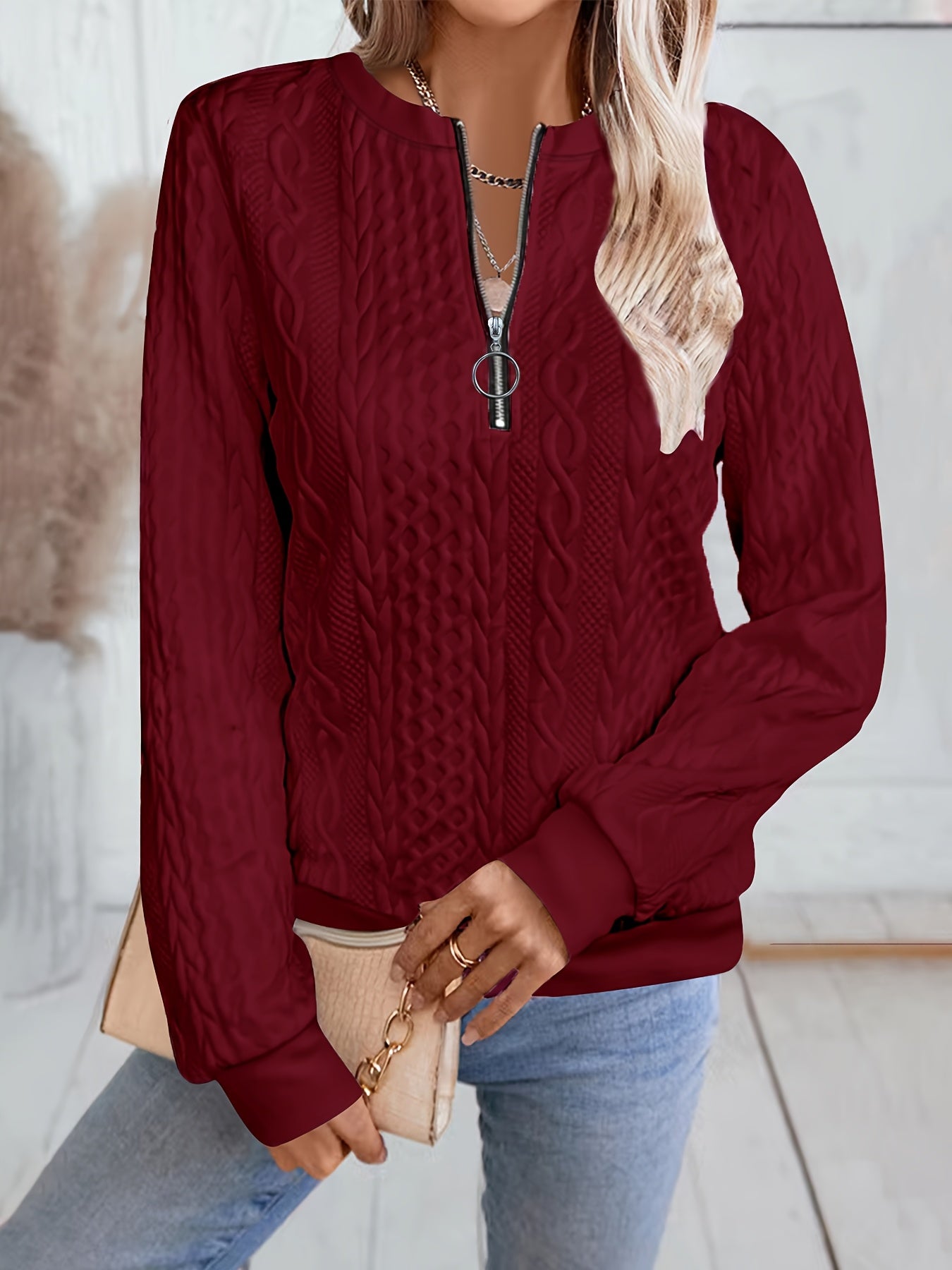Other Mountain Sq060661 Fashionable Elegant Fall Winter New Solid Texture Fabric Baseball Neck Zip-Up Women'S Long Sleeve Sweatshirt