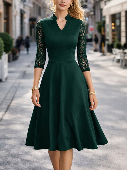 Elegant Lace Trim Midi Dress for Women with Notch Neck Three Quarter Sleeve Fit and Flare Cocktail Style