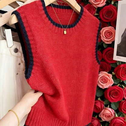 Comfortable Contrast Trim Sweater Vest for Women with Crew Neck Sleeveless Ribbed Hem Oversized Knit Style