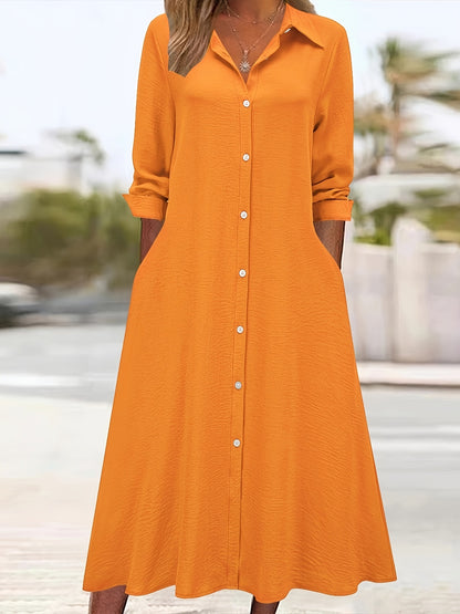 Elegant Button Front Shirt Dress for Women with Collar Long Sleeve A Line Flowing Style