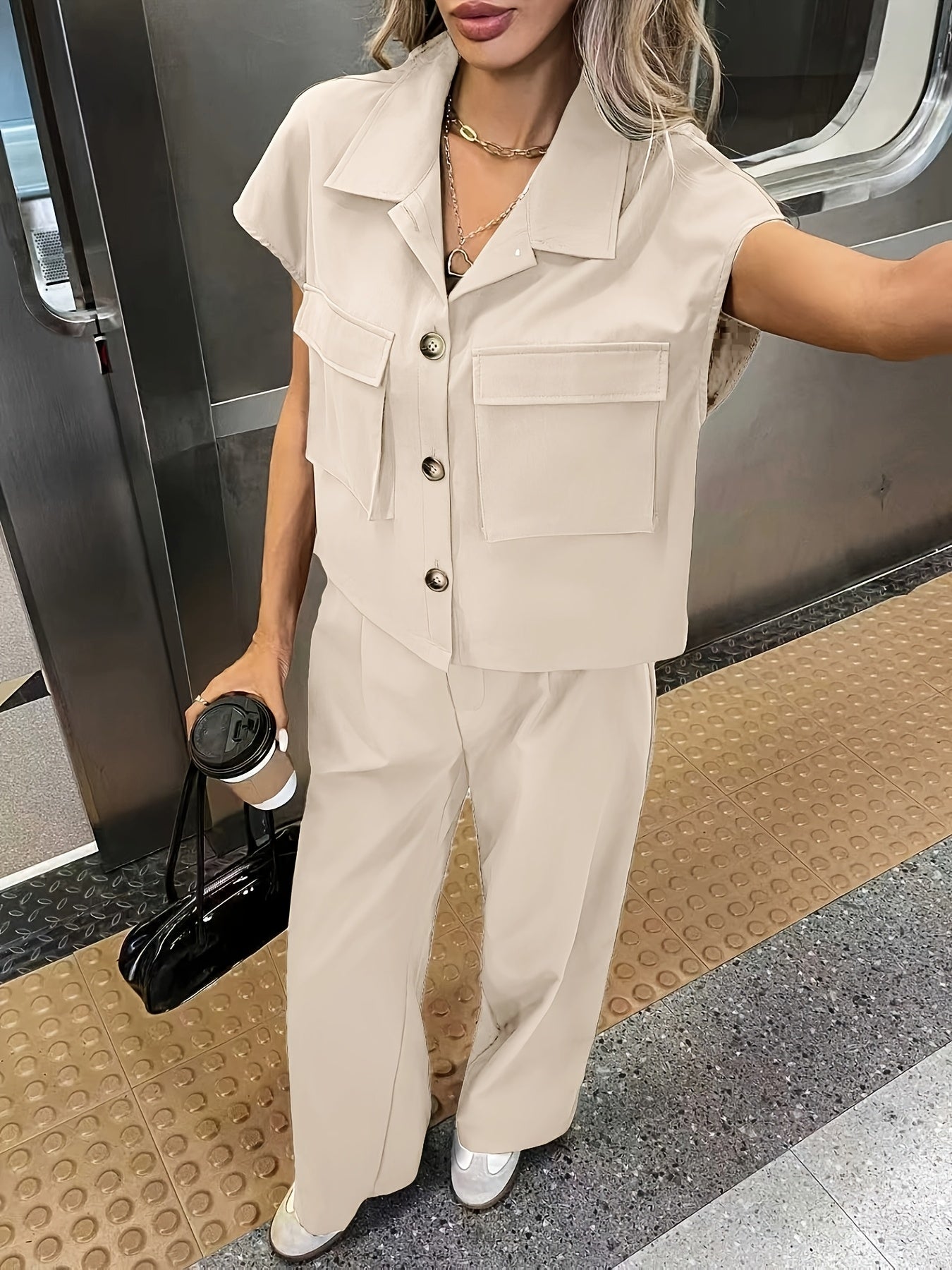 Effortless Utility Wide Leg Set for Women with Collar Cap Sleeve Cargo Pocket Two Piece Style