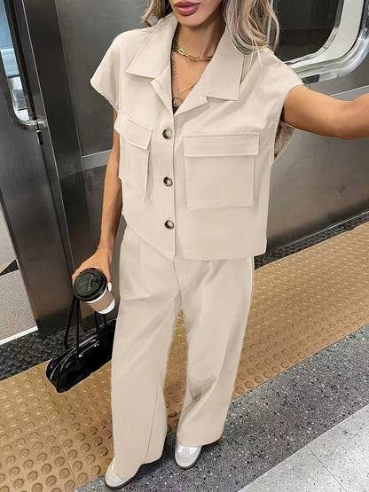 Effortless Utility Wide Leg Set for Women with Collar Cap Sleeve Cargo Pocket Two Piece Style