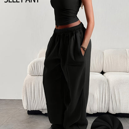 Effortless Fleece Wide Leg Sweatpants for Women with High Waist Elastic Side Pocket Relaxed Casual Style