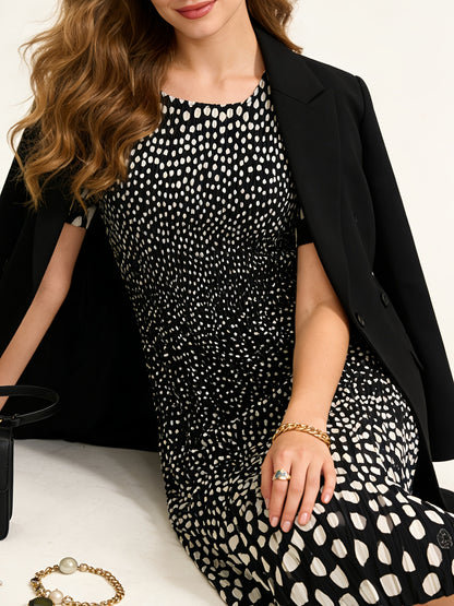 Bohemian Style Fashion Polka Dot Print Pleated Dress, High-waisted Ruffled Skirt with Good Inclusivity, Over-the-knee Mid-length 1pc Dress, Seamless Waist, Super Stretch with Instant Rebound, Simple Commuter Style, Suitable for 40.82-81.65 KG