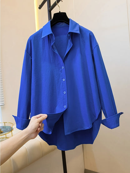 Effortless Cotton Blouse for Women with Point Collar Long Sleeve High Low Oversized Style