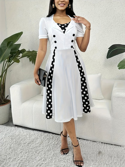 Plus Size, Women's Plus Size Short Sleeve Polka Dot Dress - Elegant Short -Line Dress with Smock Neckline, Short Sleeves & Short, Machine Washable Year-Round Dress for Casual to Semi-Formal Wear