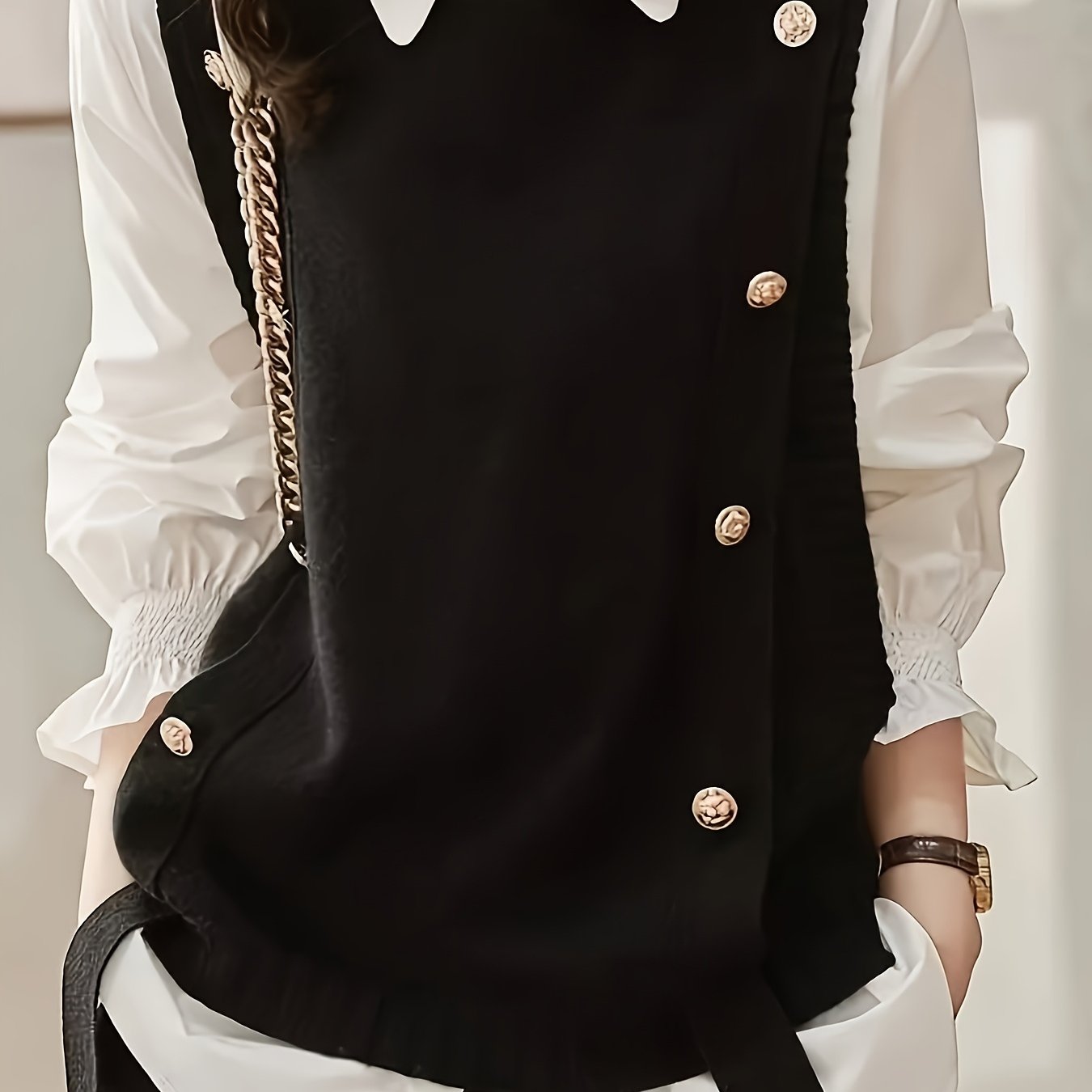 Comfortable Sweater Vest for Women with Round Neck Sleeveless Button Trim Relaxed Oversized Style