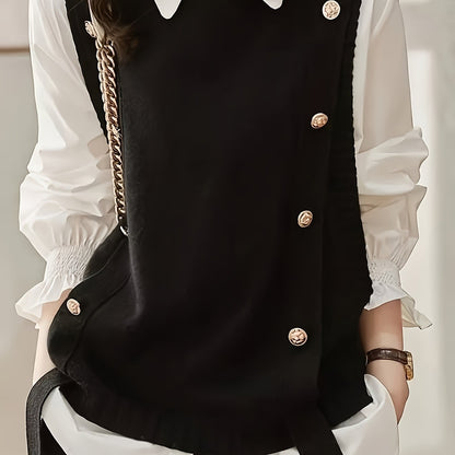 Comfortable Sweater Vest for Women with Round Neck Sleeveless Button Trim Relaxed Oversized Style