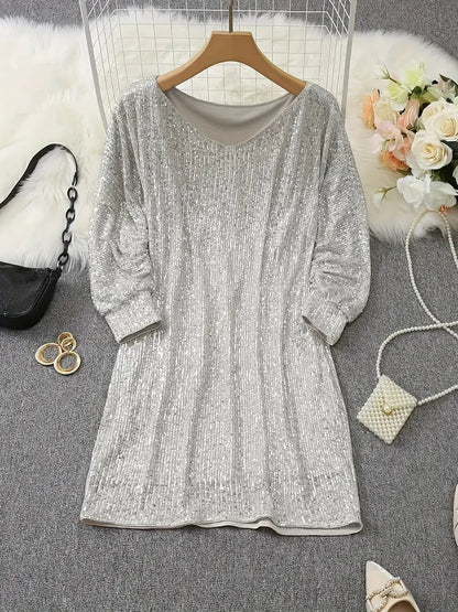 Elegant Sequin Mini Dress for Women with Off Shoulder Batwing Sleeve Bodycon Sparkle Formal Party Style