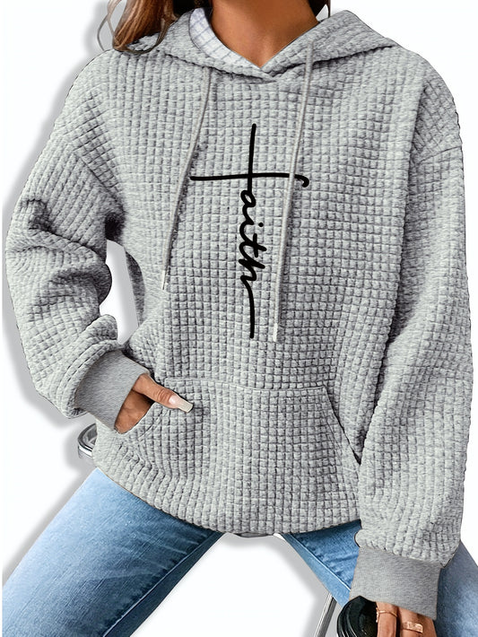 Comfortable Waffle Knit Graphic Hoodie for Women with Drawstring Hood Long Sleeve Oversized Relaxed Style