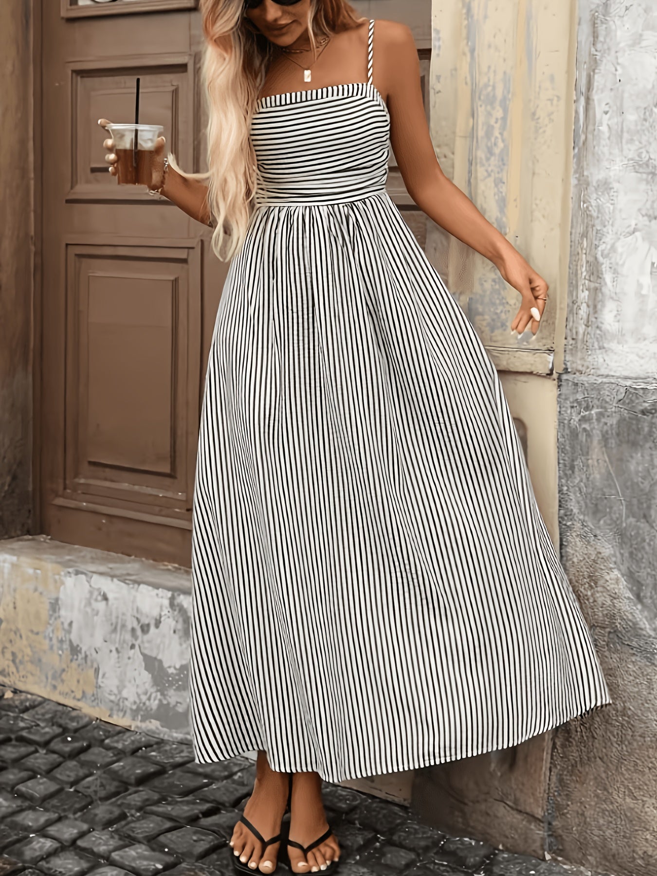 Elegant Black Striped Maxi Dress for Women with Square Neck Sleeveless Smocked High Low Style