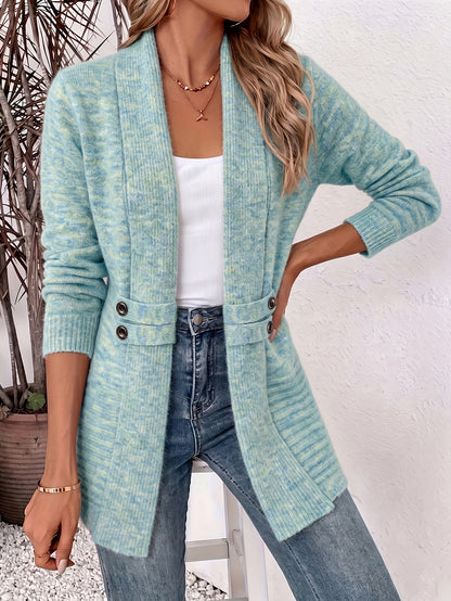 Effortless Ribbed Cardigan Sweater for Women with Shawl Collar Long Sleeve Button Tab Relaxed Style