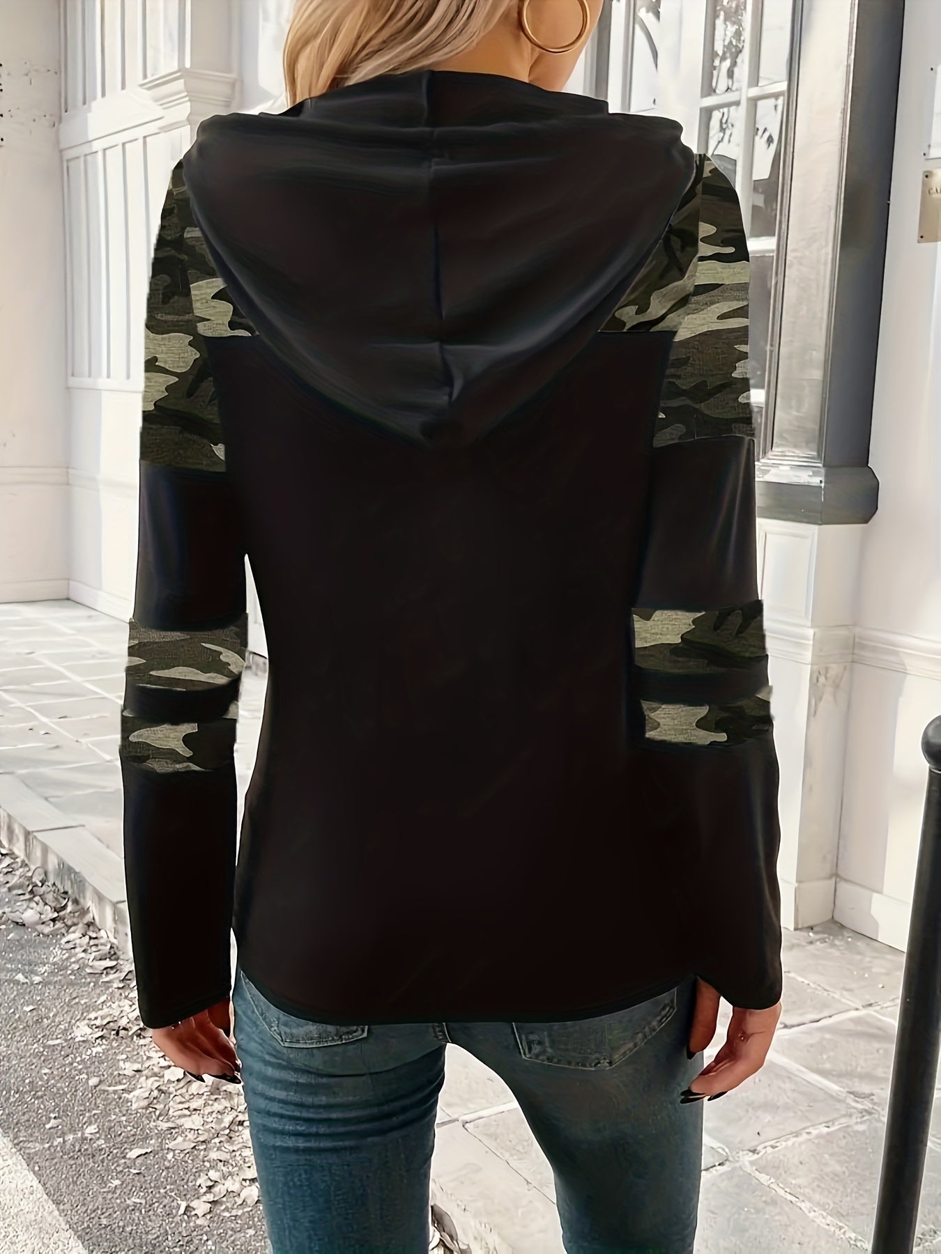 Comfortable Camo Colorblock Hoodie for Women with Drawstring Hood Long Sleeve Relaxed Casual Style