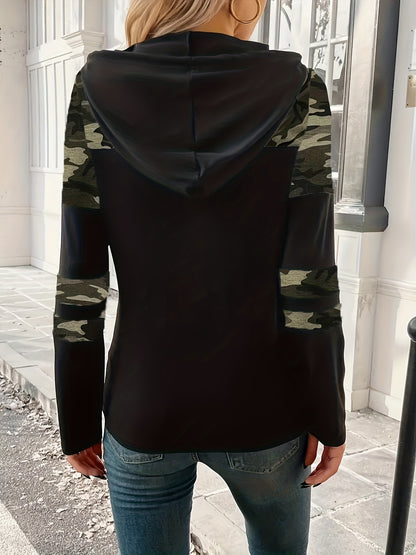Comfortable Camo Colorblock Hoodie for Women with Drawstring Hood Long Sleeve Relaxed Casual Style