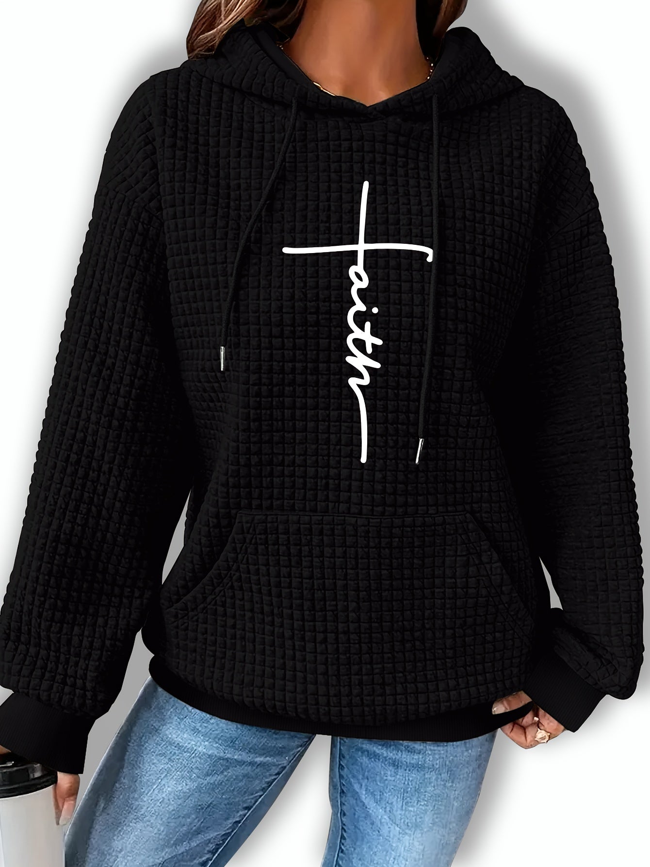 Comfortable Waffle Knit Graphic Hoodie for Women with Drawstring Hood Long Sleeve Oversized Relaxed Style