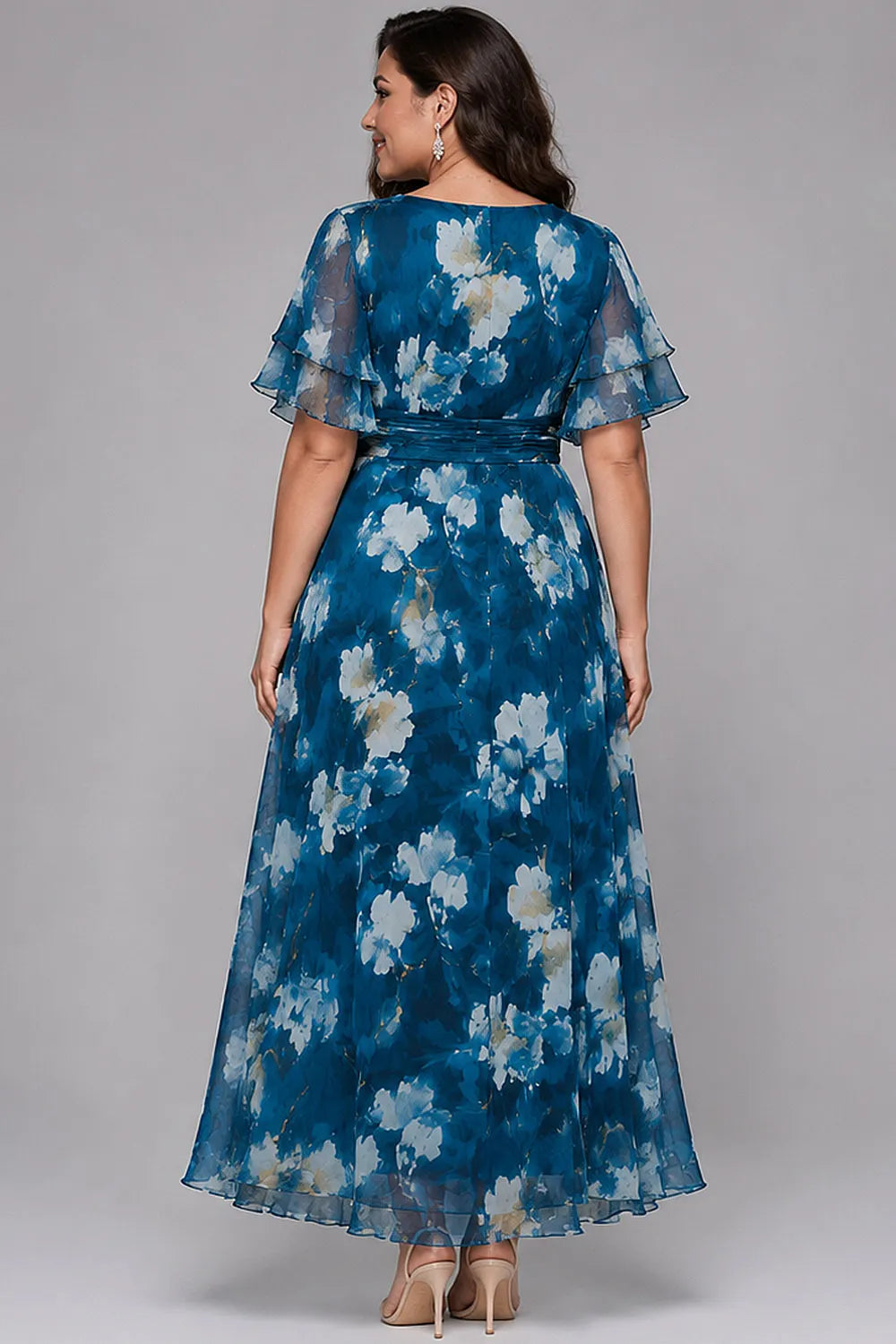 Elegant Blue Floral Maxi Dress for Women with V Neck Flutter Sleeve Flowing Wedding Guest Style