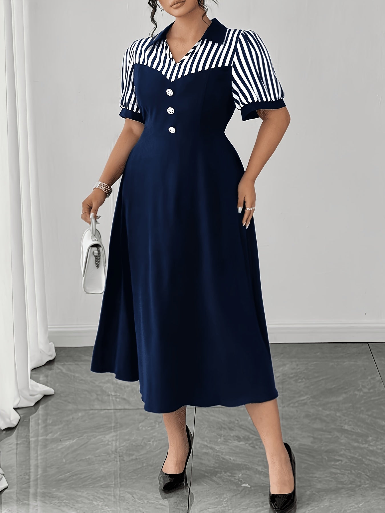 Plus Size Navy Striped Shirt Dress Retro Puff Sleeve V-Neck Midi Dress Women'S Elegant Commute A-Line Skirt