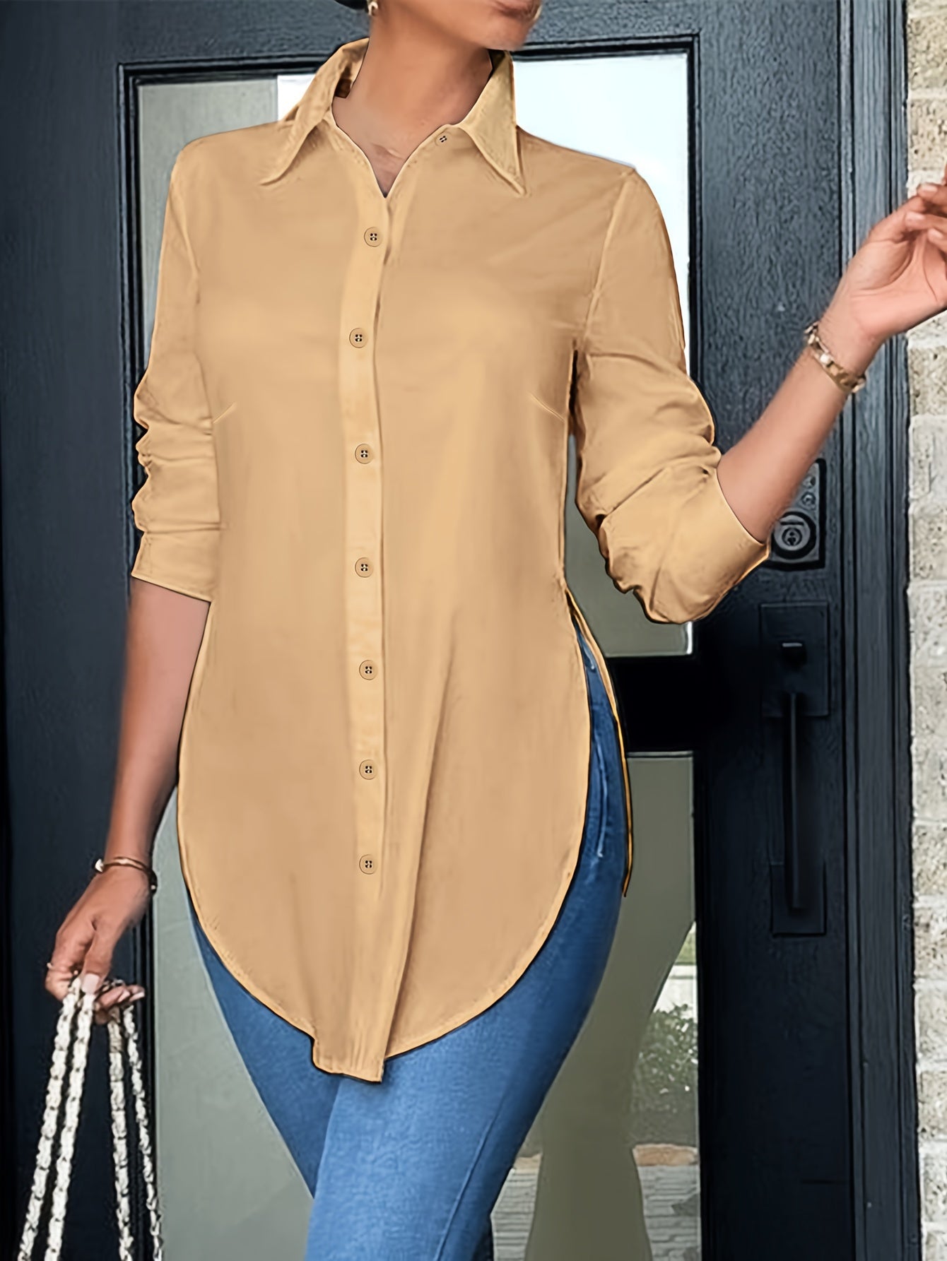 Effortless Tunic Blouse for Women with Collar Long Sleeve Button Front High Low Relaxed Style