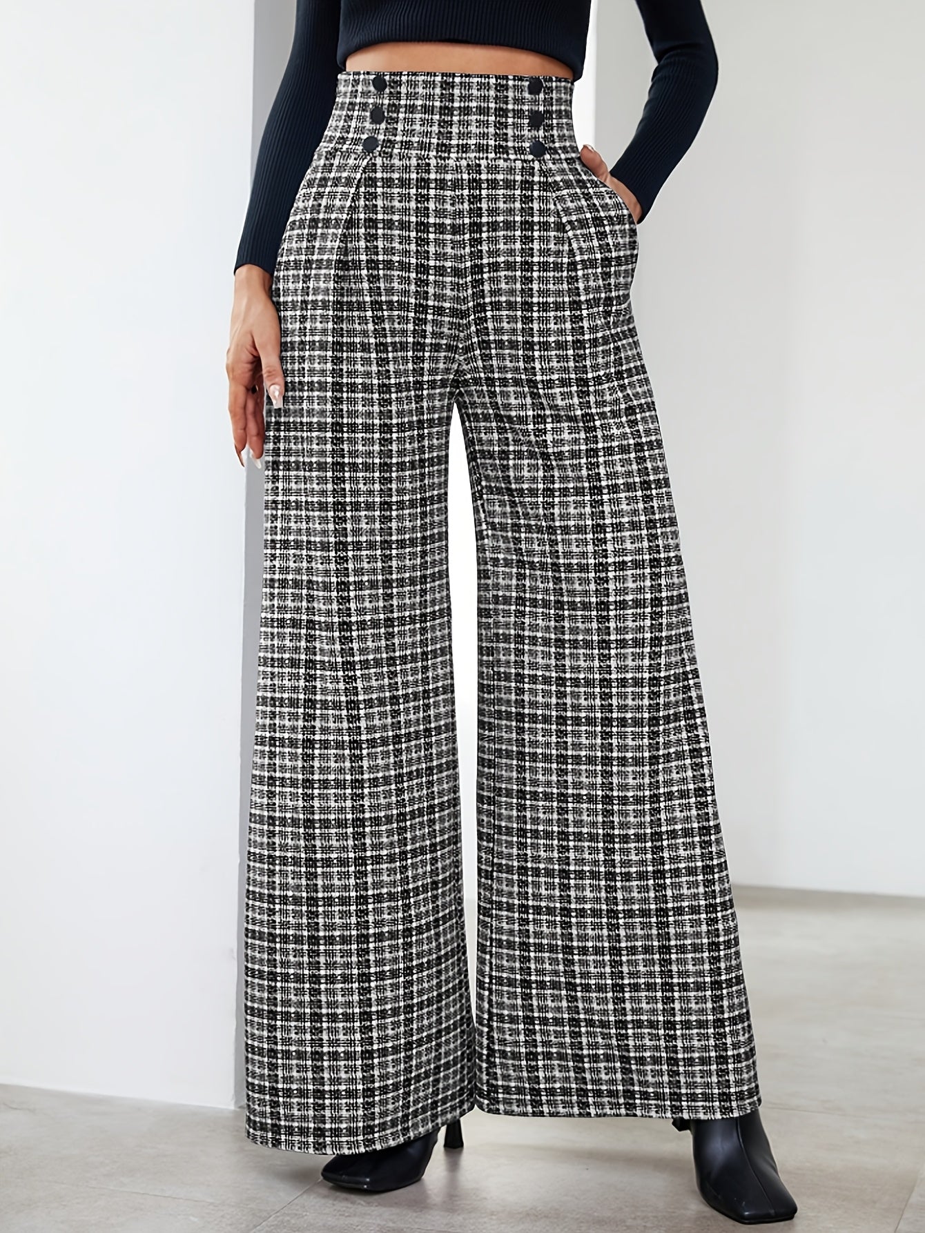 Elegant Plaid Tweed Wide Leg Pants for Women with High Waist Button Front Pleated Relaxed Style