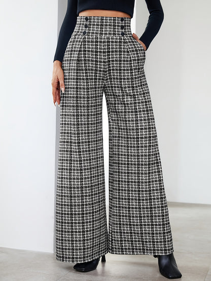 Elegant Plaid Tweed Wide Leg Pants for Women with High Waist Button Front Pleated Relaxed Style