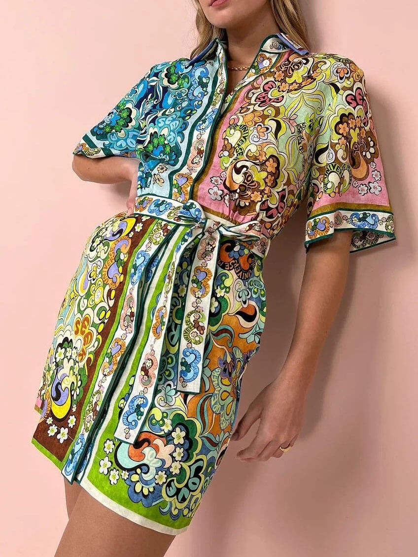 Effortless Multicolor Paisley Print Shirt Dress for Women with Collar Short Sleeve Belted Mini Bohemian Style