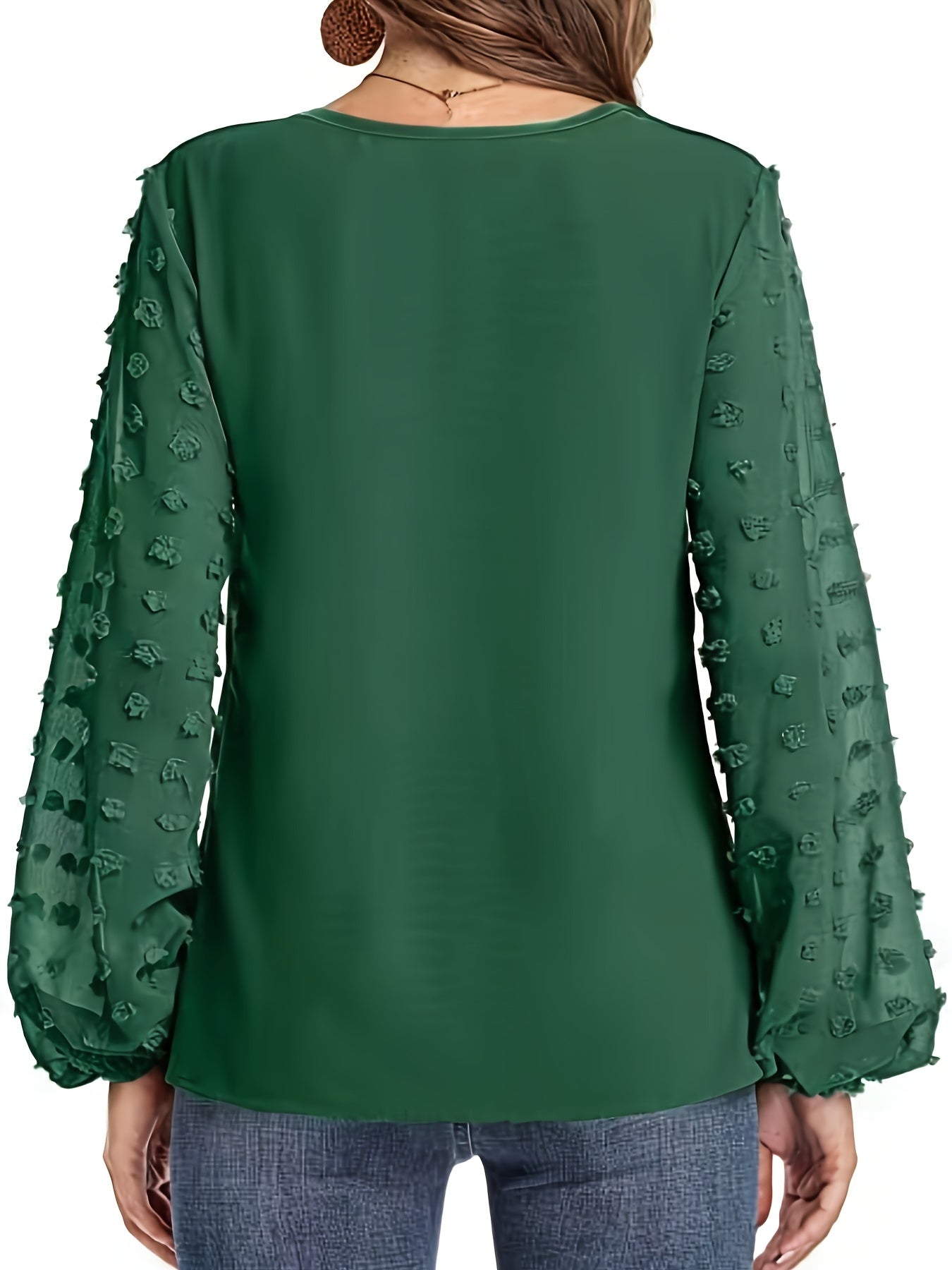 Effortless Swiss Dot Blouse for Women with V Neck Bishop Sleeve Textured Chiffon Casual Style