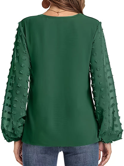 Effortless Swiss Dot Blouse for Women with V Neck Bishop Sleeve Textured Chiffon Casual Style