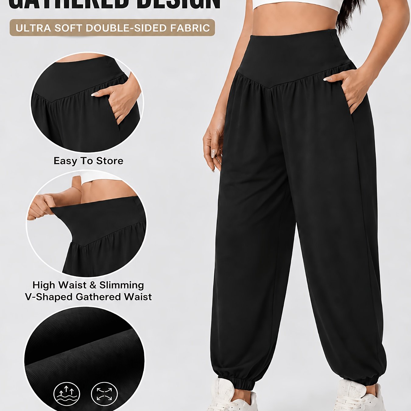 Women'S Casual Solid High-Waist Loose Lantern Pants, Daily Tummy Control Ankle-Cinching Yoga Fitness Athletic Trousers