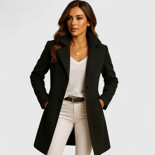Elegant Wool Coat for Women with Notched Lapel Long Sleeve Double Breasted Tailored Style