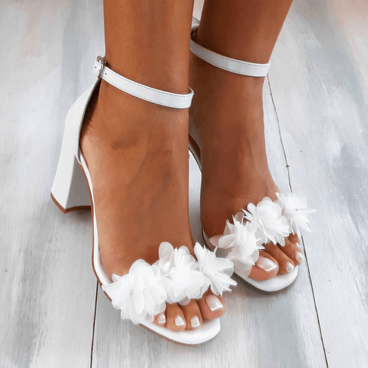 Elegant White Floral Block Heel Sandal for Women with Ankle Strap Buckle Closure Open Toe Style