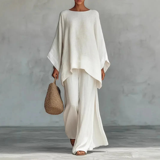 Effortless Linen Wide Leg Set for Women with Round Neck Batwing Sleeve Asymmetrical Hem Two Piece Style