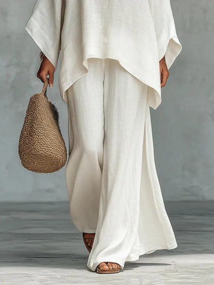 Effortless Linen Wide Leg Set for Women with Round Neck Batwing Sleeve Asymmetrical Hem Two Piece Style