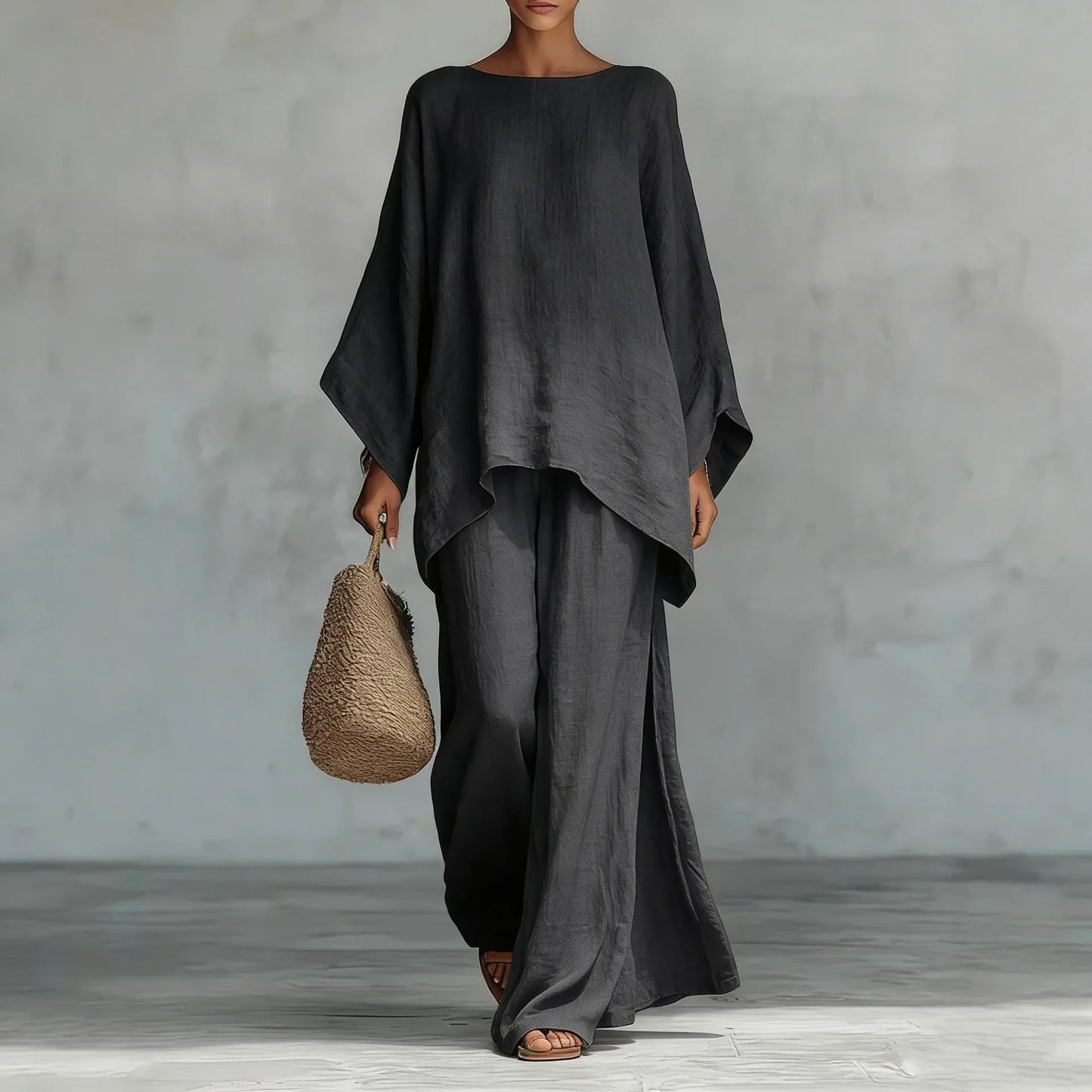 Effortless Linen Wide Leg Set for Women with Round Neck Batwing Sleeve Asymmetrical Hem Two Piece Style