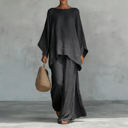 Effortless Linen Wide Leg Set for Women with Round Neck Batwing Sleeve Asymmetrical Hem Two Piece Style